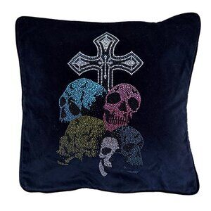 Black Velvet Pillow Cover w/ Swarovski Crystal Skull & Cross Design – 20x20